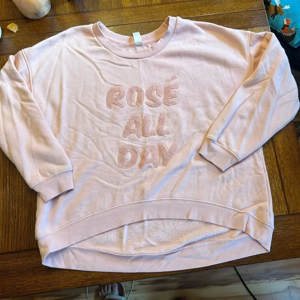 Green Tea Rosé All Day Pink Graphic Sweatshirt Large L Pullover Crewneck Fuzzy - Picture 7 of 9